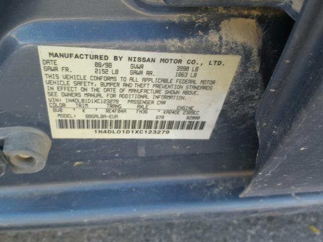 1N4DL01D1XC123279 - 1999 NISSAN ALTIMA XE BLUE photo 10