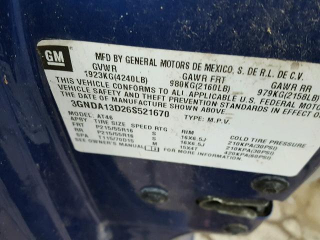 3GNDA13D26S521670 - 2006 CHEVROLET HHR BLUE photo 10