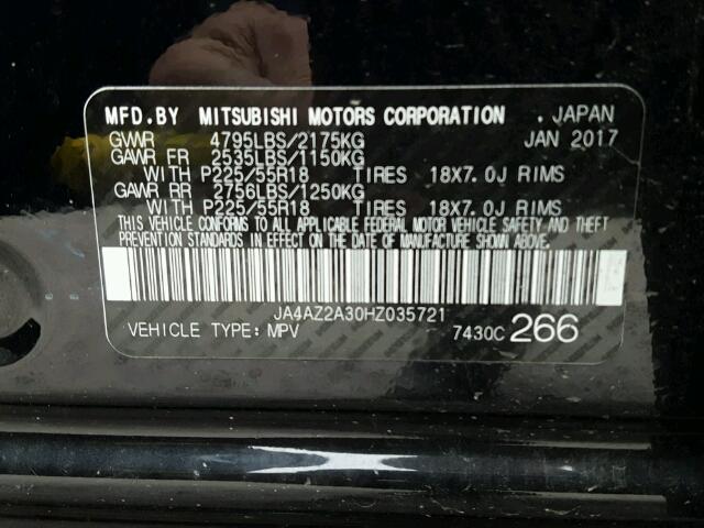 JA4AZ2A30HZ035721 - 2017 MITSUBISHI OUTLANDER BLACK photo 10