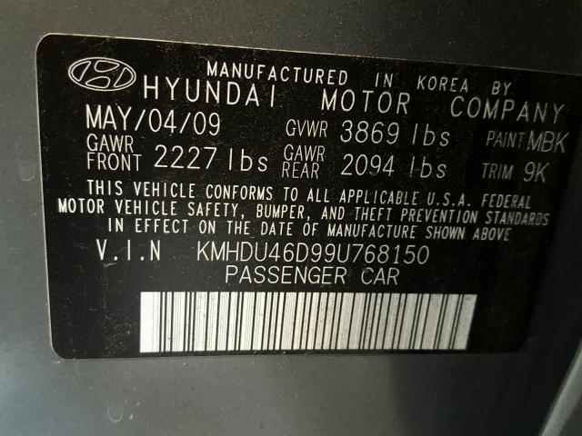 KMHDU46D99U768150 - 2009 HYUNDAI ELANTRA GL GREEN photo 10