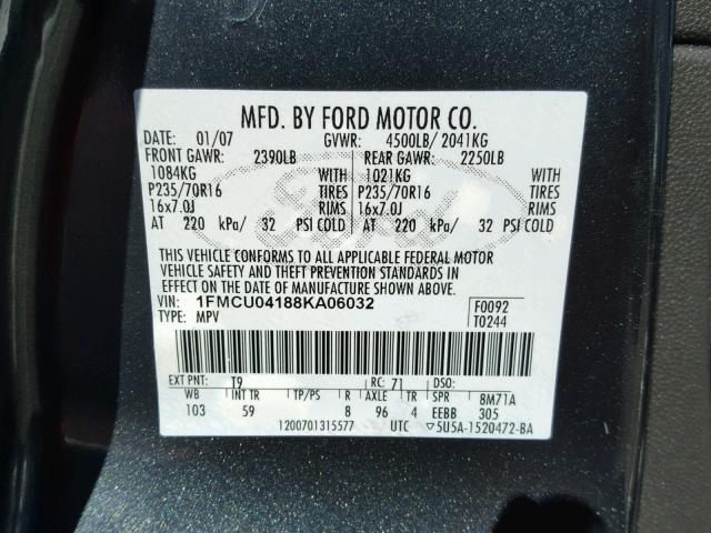 1FMCU04188KA06032 - 2008 FORD ESCAPE LIM CHARCOAL photo 10