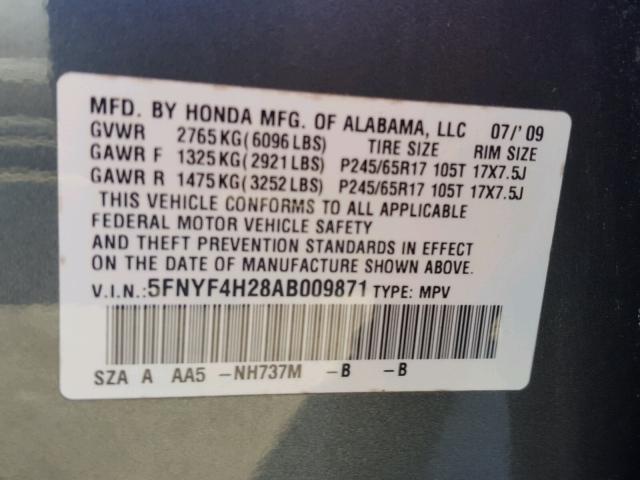 5FNYF4H28AB009871 - 2010 HONDA PILOT LX CHARCOAL photo 10