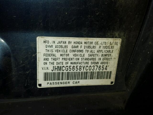 JHMCG5658YC037654 - 2000 HONDA ACCORD EX BLUE photo 10