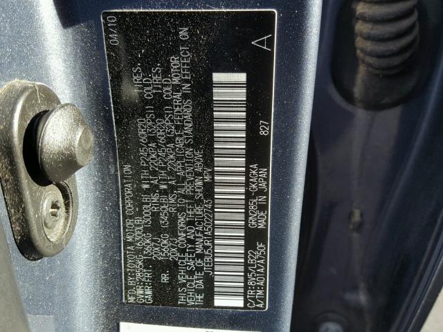 JTEBU5JR1A5022743 - 2010 TOYOTA 4RUNNER SR BLUE photo 10