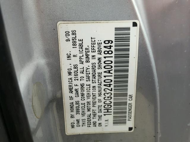 1HGCG32401A001849 - 2001 HONDA ACCORD LX BLACK photo 10