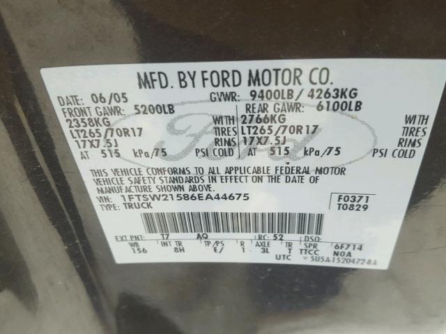 1FTSW21586EA44675 - 2006 FORD F250 BLACK photo 10