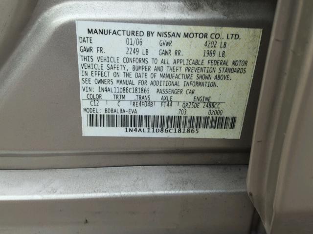 1N4AL11D86C181865 - 2006 NISSAN ALTIMA S BEIGE photo 10