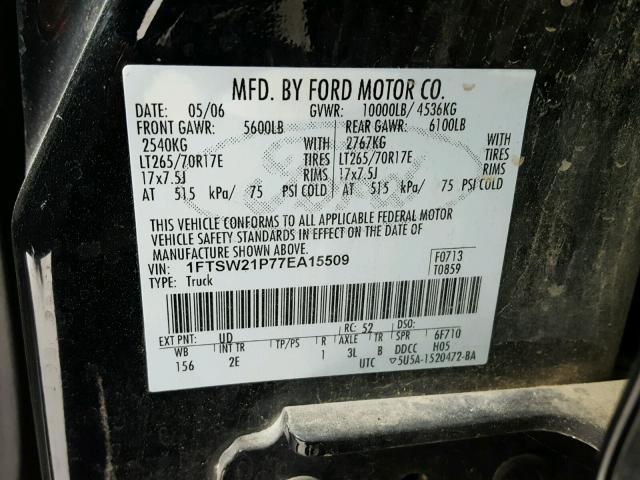 1FTSW21P77EA15509 - 2007 FORD F250 BLACK photo 10