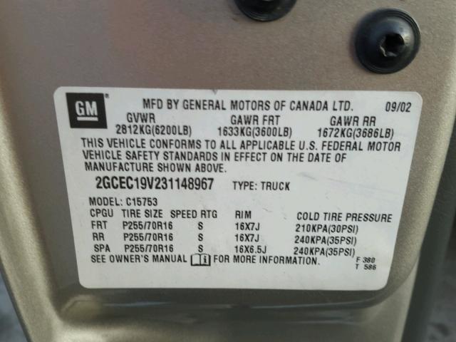 2GCEC19V231148967 - 2003 CHEVROLET SILVERADO GOLD photo 10