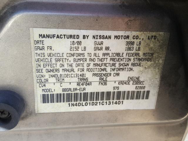 1N4DL01D21C131401 - 2001 NISSAN ALTIMA XE GOLD photo 10