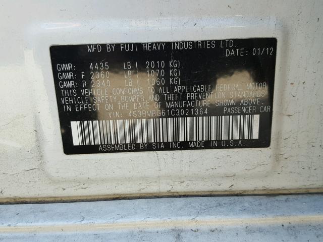 4S3BMBG61C3021364 - 2012 SUBARU LEGACY 2.5 WHITE photo 10