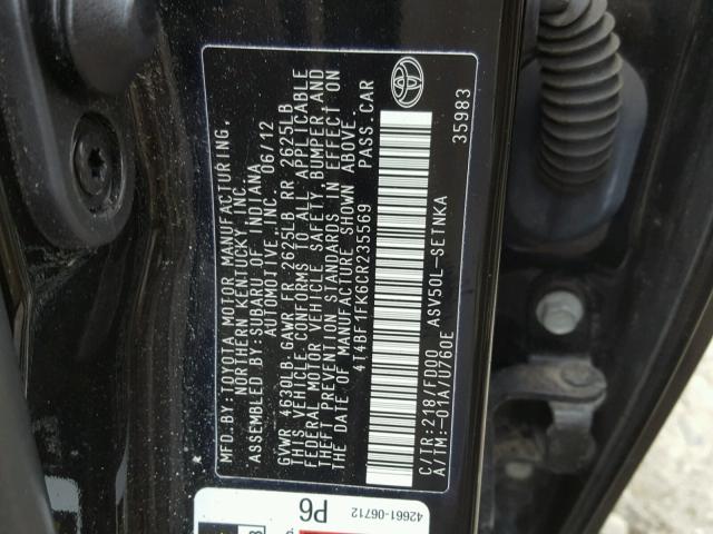 4T4BF1FK6CR235569 - 2012 TOYOTA CAMRY BASE BLACK photo 10