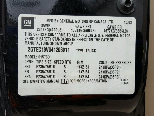 2GTEC19V941206011 - 2004 GMC NEW SIERRA BLACK photo 10