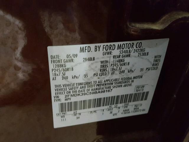 2FMDK39C59BA98167 - 2009 FORD EDGE LIMIT BURGUNDY photo 10