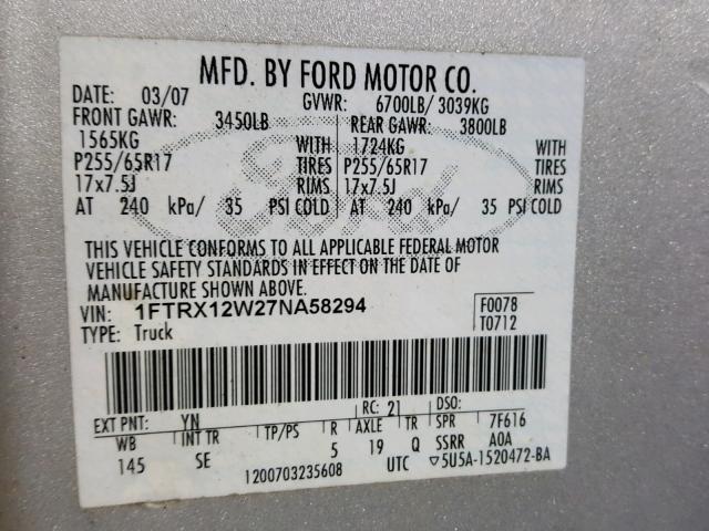 1FTRX12W27NA58294 - 2007 FORD F150 GRAY photo 10