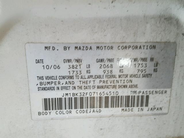 JM1BK32F071654510 - 2007 MAZDA 3 WHITE photo 10