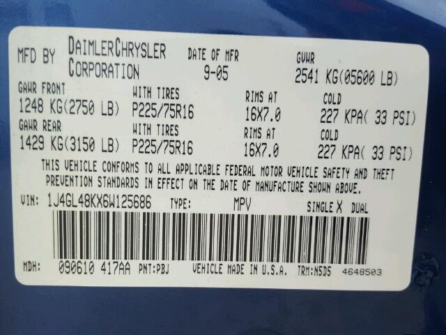 1J4GL48KX6W125686 - 2006 JEEP LIBERTY SP BLUE photo 10