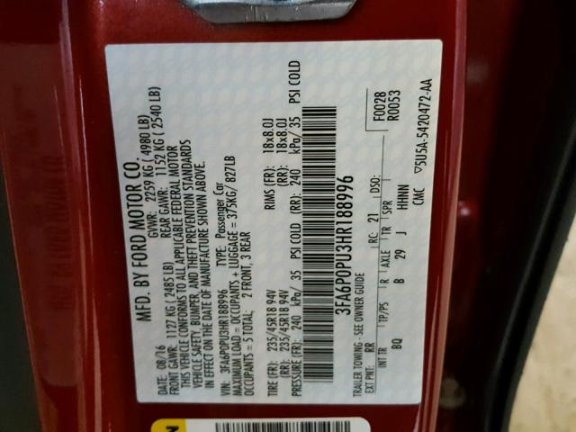 3FA6P0PU3HR188996 - 2017 FORD FUSION SE RED photo 10