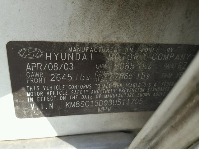 KM8SC13D93U511705 - 2003 HYUNDAI SANTA FE G SILVER photo 10