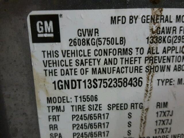 1GNDT13S752358436 - 2005 CHEVROLET TRAILBLAZE SILVER photo 10