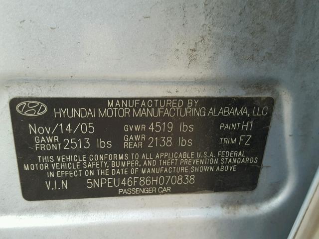 5NPEU46F86H070838 - 2006 HYUNDAI SONATA GLS BLUE photo 10