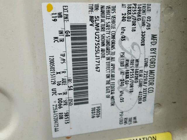 5LMFU27525LJ17167 - 2005 LINCOLN NAVIGATOR თეთრი ფოტო 10