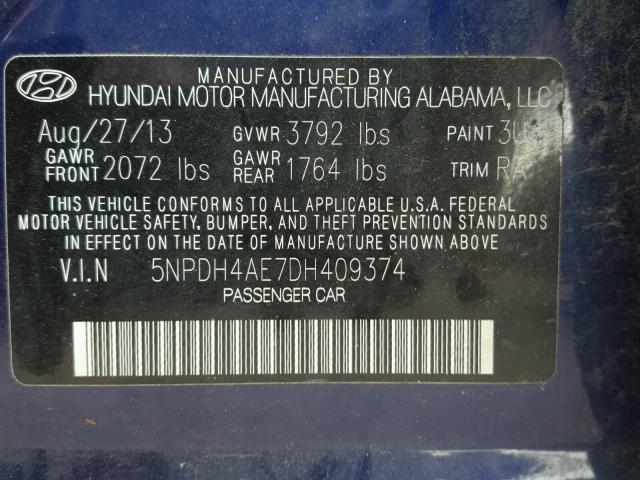 5NPDH4AE7DH409374 - 2013 HYUNDAI ELANTRA GL BLUE photo 10