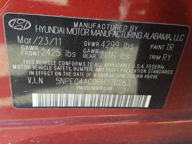 5NPEC4AC0BH270283 - 2011 HYUNDAI SONATA SE RED photo 10