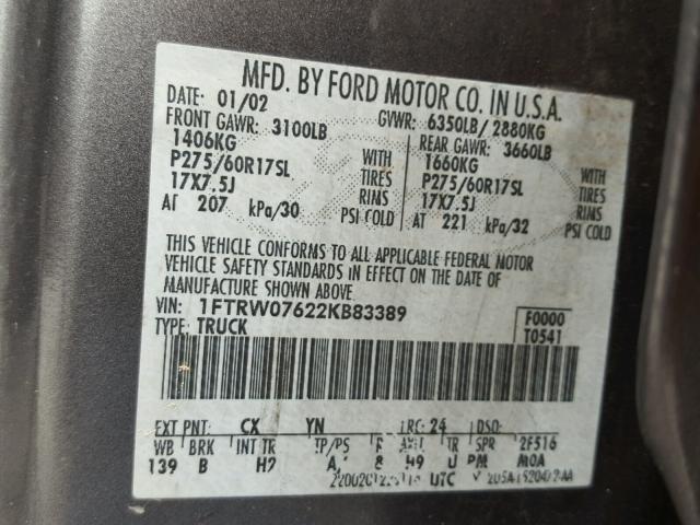 1FTRW07622KB83389 - 2002 FORD F150 SUPER GRAY photo 10