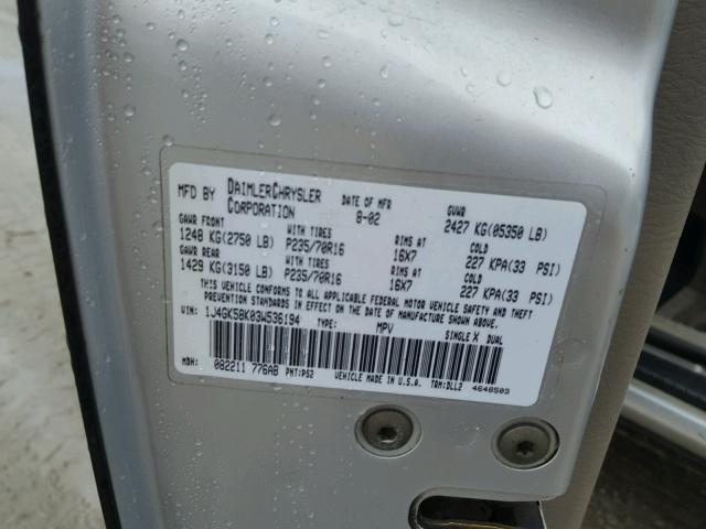 1J4GK58K03W536194 - 2003 JEEP LIBERTY LI SILVER photo 10