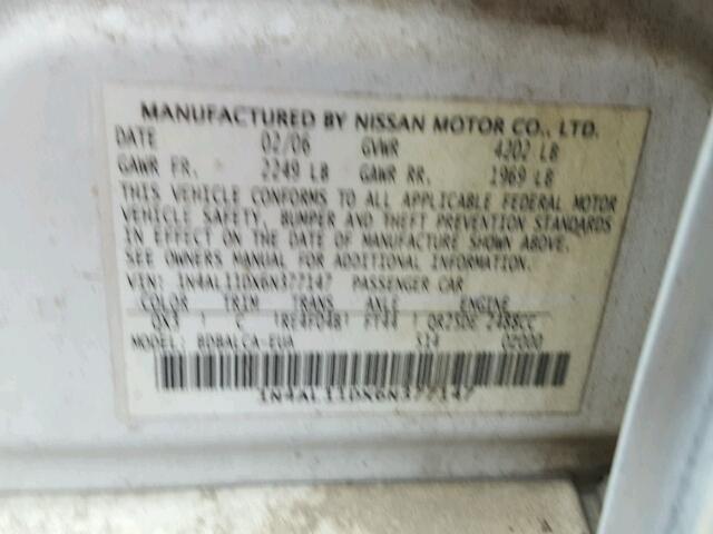 1N4AL11DX6N377147 - 2006 NISSAN ALTIMA S WHITE photo 10