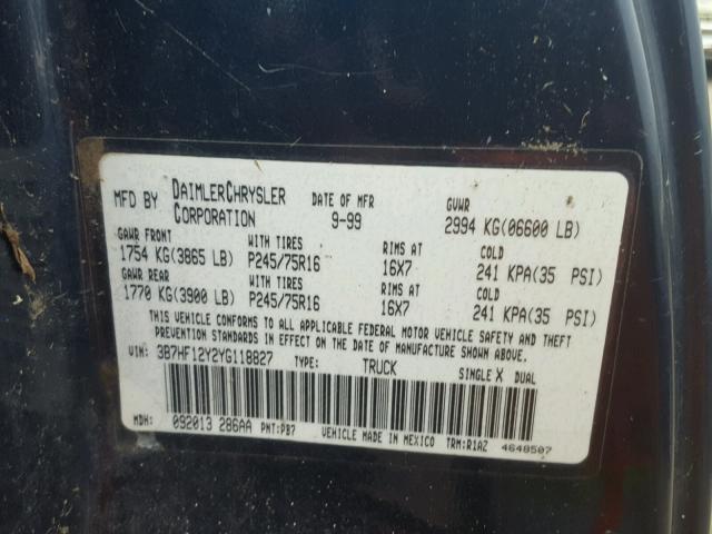 3B7HF12Y2YG118827 - 2000 DODGE RAM 1500 BLUE photo 10