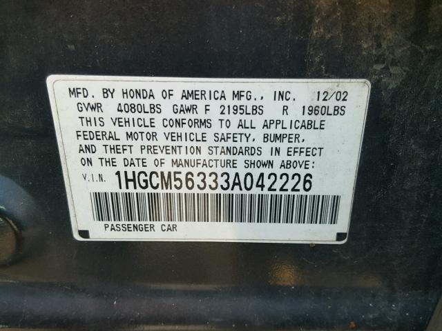 1HGCM56333A042226 - 2003 HONDA ACCORD GRAY photo 10