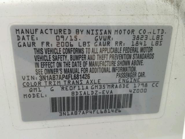 3N1AB7AP4FL681426 - 2015 NISSAN SENTRA S WHITE photo 10