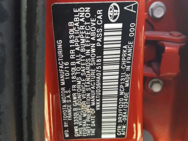 VNKKTUD36HA075181 - 2017 TOYOTA YARIS L RED photo 10