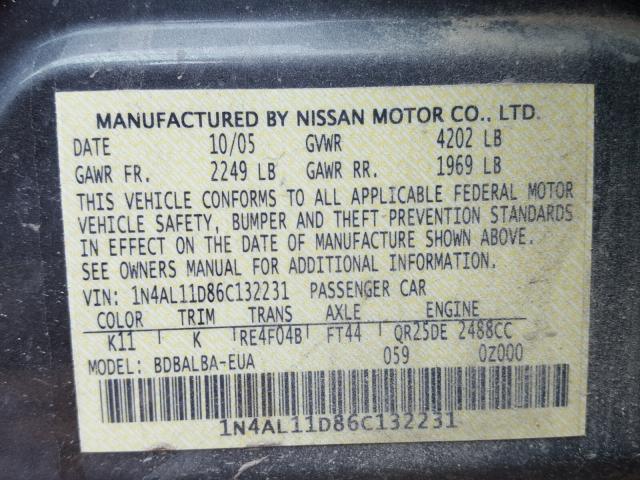 1N4AL11D86C132231 - 2006 NISSAN ALTIMA GRAY photo 10