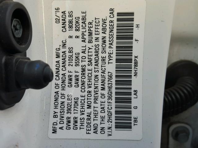 2HGFC1F36GH637667 - 2016 HONDA CIVIC EX WHITE photo 10
