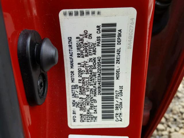 1NXBU4EE3AZ209540 - 2010 TOYOTA COROLLA BA RED photo 10