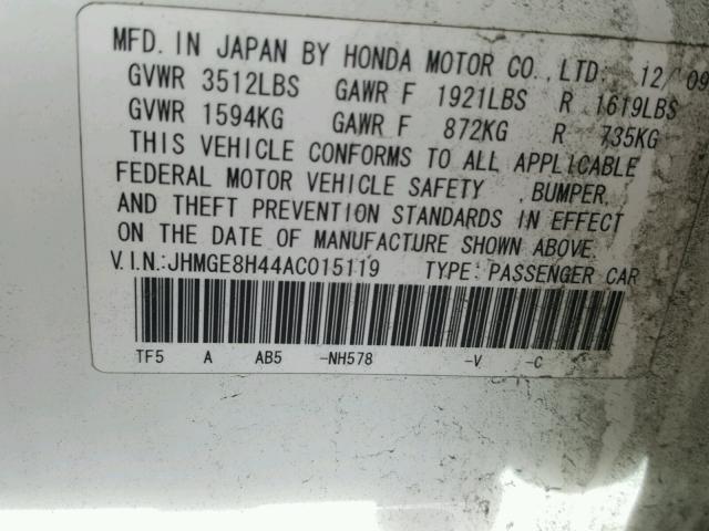 JHMGE8H44AC015119 - 2010 HONDA FIT SPORT WHITE photo 10