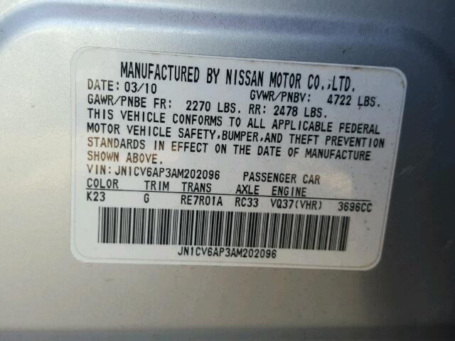 JN1CV6AP3AM202096 - 2010 INFINITI G37 BASE SILVER photo 10