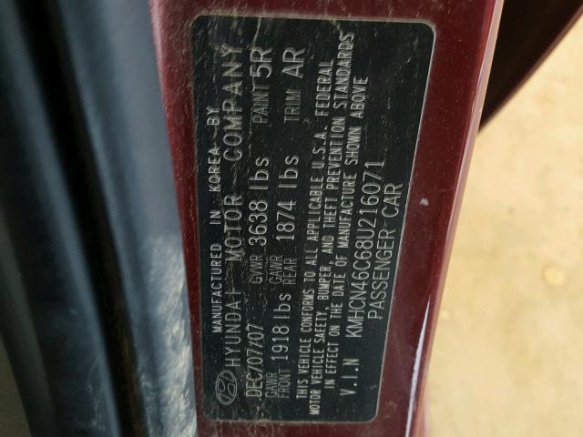 KMHCN46C68U216071 - 2008 HYUNDAI ACCENT GLS BURGUNDY photo 10