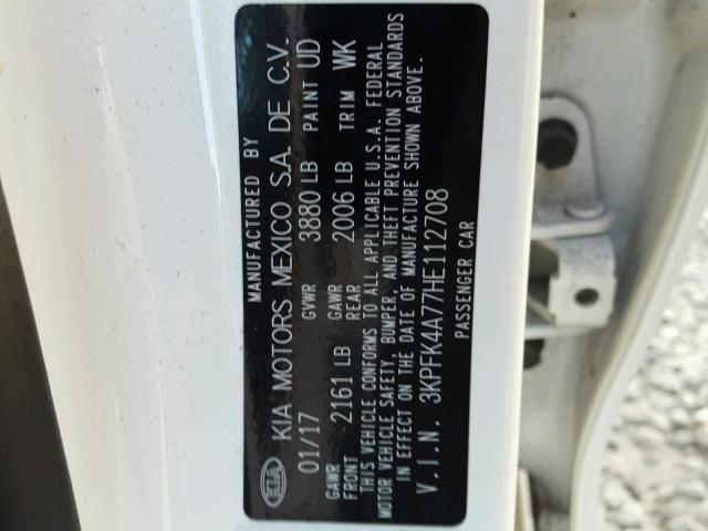 3KPFK4A77HE112708 - 2017 KIA FORTE LX WHITE photo 10