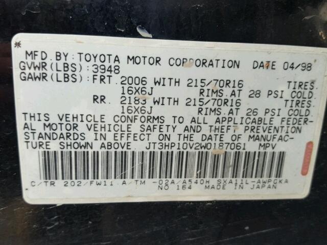 JT3HP10V2W0187061 - 1998 TOYOTA RAV4 BLACK photo 10