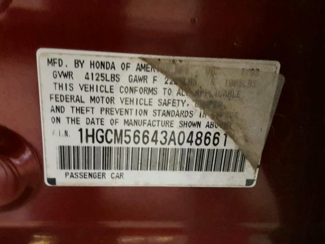 1HGCM56643A048661 - 2003 HONDA ACCORD EX BURGUNDY photo 10