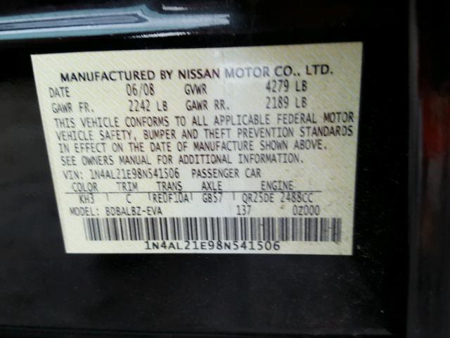 1N4AL21E98N541506 - 2008 NISSAN ALTIMA 2.5 BLACK photo 10