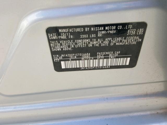 JN1AZ0CP1CT016684 - 2012 NISSAN LEAF SV GRAY photo 10