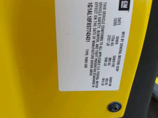 1G1AL18FX67743431 - 2006 CHEVROLET COBALT LT YELLOW photo 10