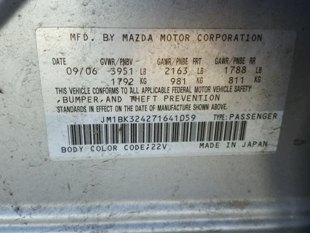 JM1BK324271641059 - 2007 MAZDA 3 S SILVER photo 10