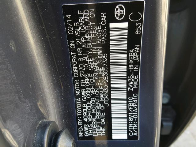 JTDKN3DP2E3057325 - 2014 TOYOTA PRIUS PLUG GRAY photo 10