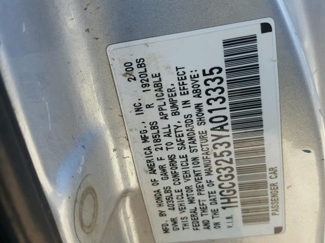 1HGCG3253YA013335 - 2000 HONDA ACCORD SILVER photo 10